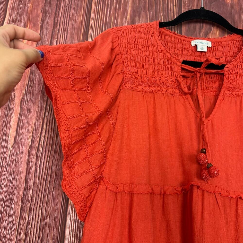 Sundance Top Womens Size Small Orange Antonia Tiered Smocked V Neck Short Sleeve - Picture 6 of 7